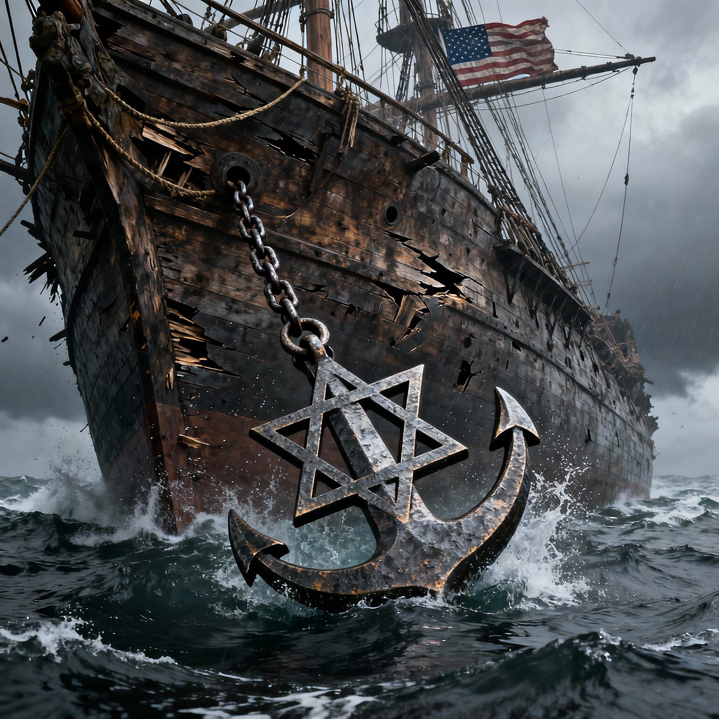 A majestic ancient ship, symbolizing the American empire, dragged down by a Star of David anchor in a stormy sea.