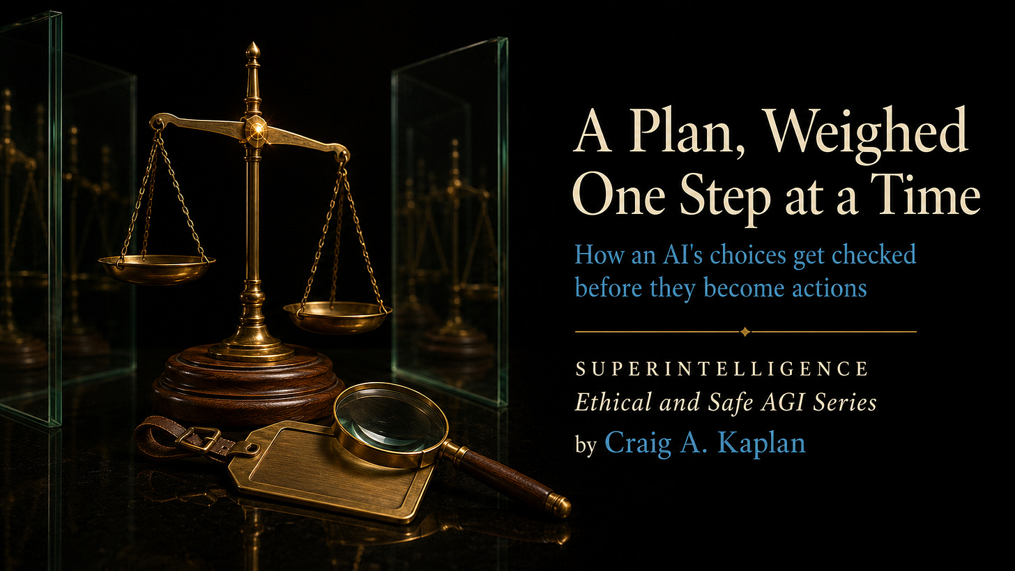 Editorial still-life cover image on a near-black background showing a warm brass balance scale on a dark walnut base, with one pan slightly raised. A brass magnifying glass rests across an open brass luggage tag on a glossy reflective surface. Tall glass panes on both sides create layered reflections fading into darkness. Text on the right reads: “A Plan, Weighed One Step at a Time,” “How an AI’s choices get checked before they become actions,” “SUPERINTELLIGENCE,” “Ethical and Safe AGI Series,” and “by Craig A. Kaplan.” Editorial still-life cover image on a near-black background showing a warm brass balance scale on a dark walnut base, with one pan slightly raised. A brass magnifying glass rests across an open brass luggage tag on a glossy reflective surface. Tall glass panes on both sides create layered reflections fading into darkness. Text on the right reads: “A Plan, Weighed One Step at a Time,” “How an AI’s choices get checked before they become actions,” “SUPERINTELLIGENCE,” “Ethical and Safe AGI Series,” and “by Craig A. Kaplan.”