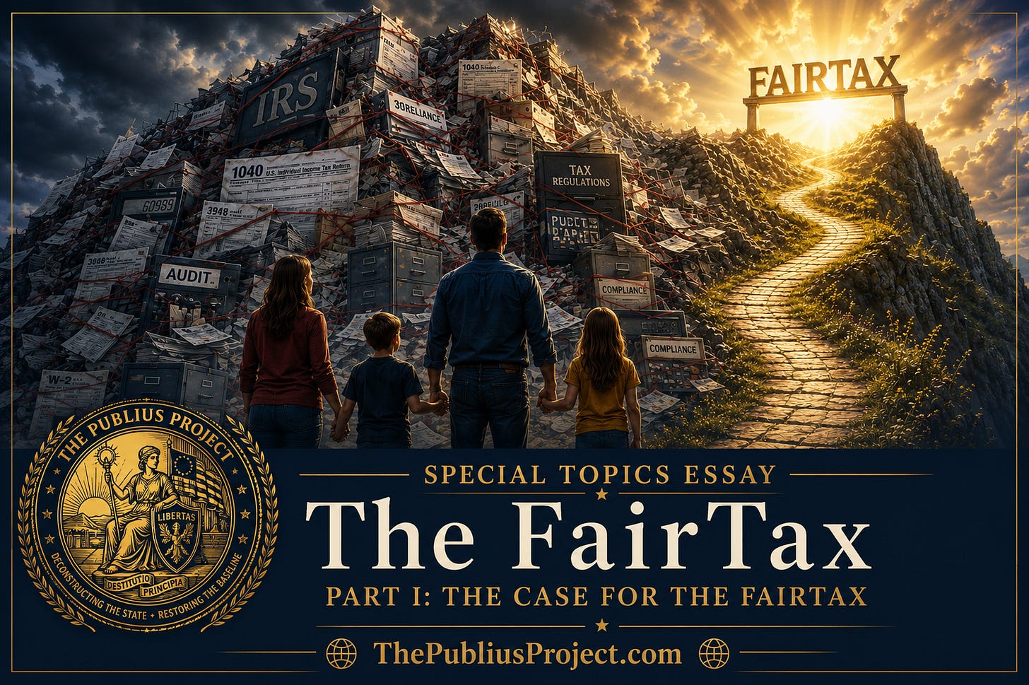 A cinematic illustration for The FairTax: Part I – The Case for the FairTax. A family of four stands before a towering mountain made of IRS forms, tax regulations, audits, filing cabinets, and tangled red tape. A narrow stone path climbs through the chaos toward a sunlit archway labeled “FAIRTAX” at the summit. Dark storm clouds hang over the bureaucratic mountain while golden light illuminates the path ahead. The image includes the Publius Project seal and the website ThePubliusProject.com, symbolizing a journey from complexity and government oversight toward transparency and simplicity. A cinematic illustration for The FairTax: Part I – The Case for the FairTax. A family of four stands before a towering mountain made of IRS forms, tax regulations, audits, filing cabinets, and tangled red tape. A narrow stone path climbs through the chaos toward a sunlit archway labeled “FAIRTAX” at the summit. Dark storm clouds hang over the bureaucratic mountain while golden light illuminates the path ahead. The image includes the Publius Project seal and the website ThePubliusProject.com, symbolizing a journey from complexity and government oversight toward transparency and simplicity.