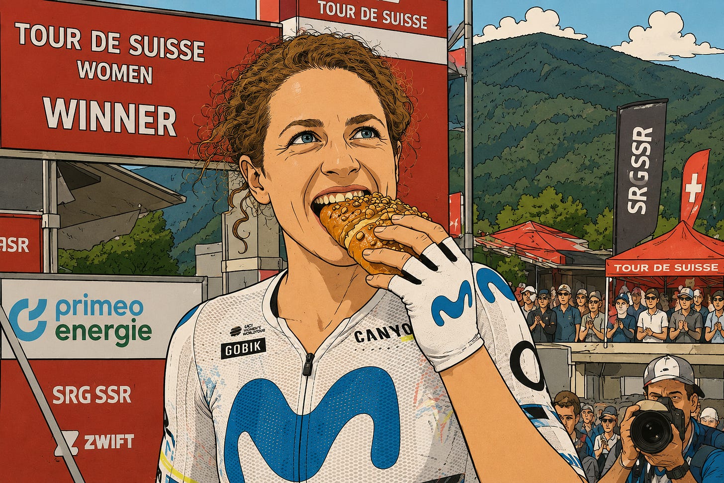 KI-generierte Illustration im Ligne-Claire-Stil: Radsportlerin Marlen Reusser im Movistar-Trikot beisst nach dem Sieg bei der Tour de Suisse Women 2026 in einen Nussgipfel. Im Hintergrund Zielgelände, Zuschauer und Schweizer Berglandschaft. KI-generierte Illustration im Ligne-Claire-Stil: Radsportlerin Marlen Reusser im Movistar-Trikot beisst nach dem Sieg bei der Tour de Suisse Women 2026 in einen Nussgipfel. Im Hintergrund Zielgelände, Zuschauer und Schweizer Berglandschaft.