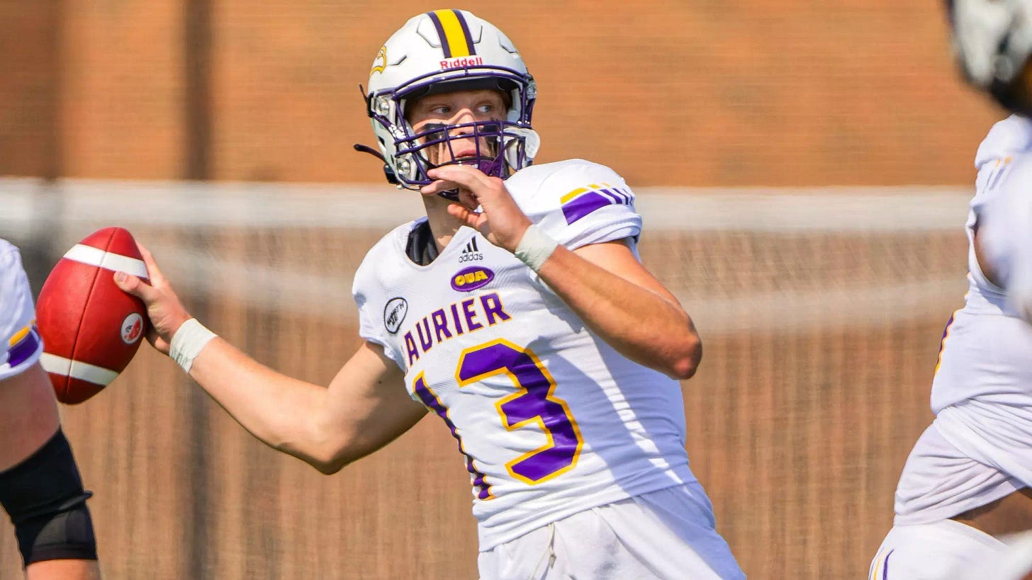 Taylor Elgersma cocks his right arm back to throw the ball during a Wilfrid Laurier University Golden Hawks football game. Taylor Elgersma cocks his right arm back to throw the ball during a Wilfrid Laurier University Golden Hawks football game.