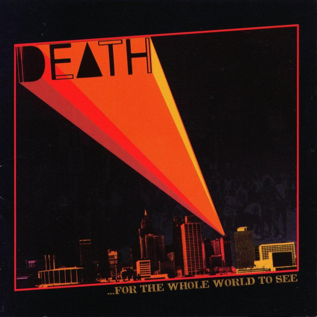 Cover art of the album "... For the Whole World To See" by the rock group called Death. The band logo is project like a Bat-Signal over an American city with high rise buildings.