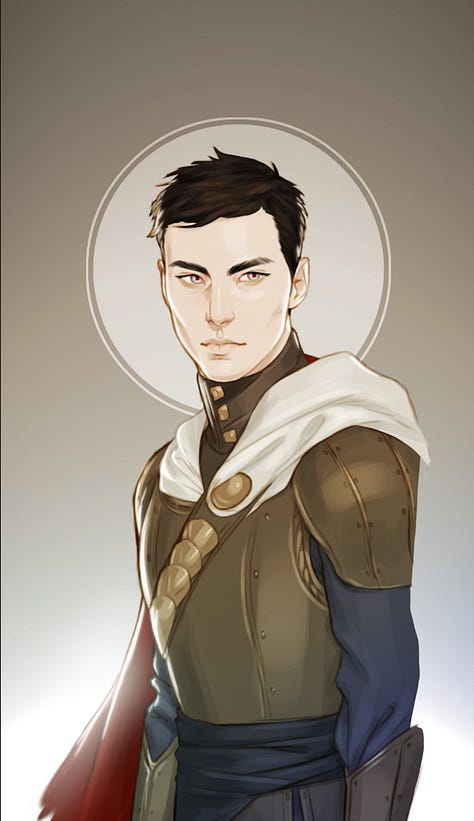 Art by Merwild of the Witchlands characters: Safi, with blonde hair, wavy golden skin, in a blue dress and her ruby Threadstone. Vivia in a blue naval suit with her short dark hair and dark skin. Aeduan with his monk’s uniform, dark hair, and pale skin. Iseult in a brown shirt with a ruby Threadstone at her neck. Her skin is very pale, her hair black and short. Merik is in blue and brown, his scarred face visible and dark hair short.