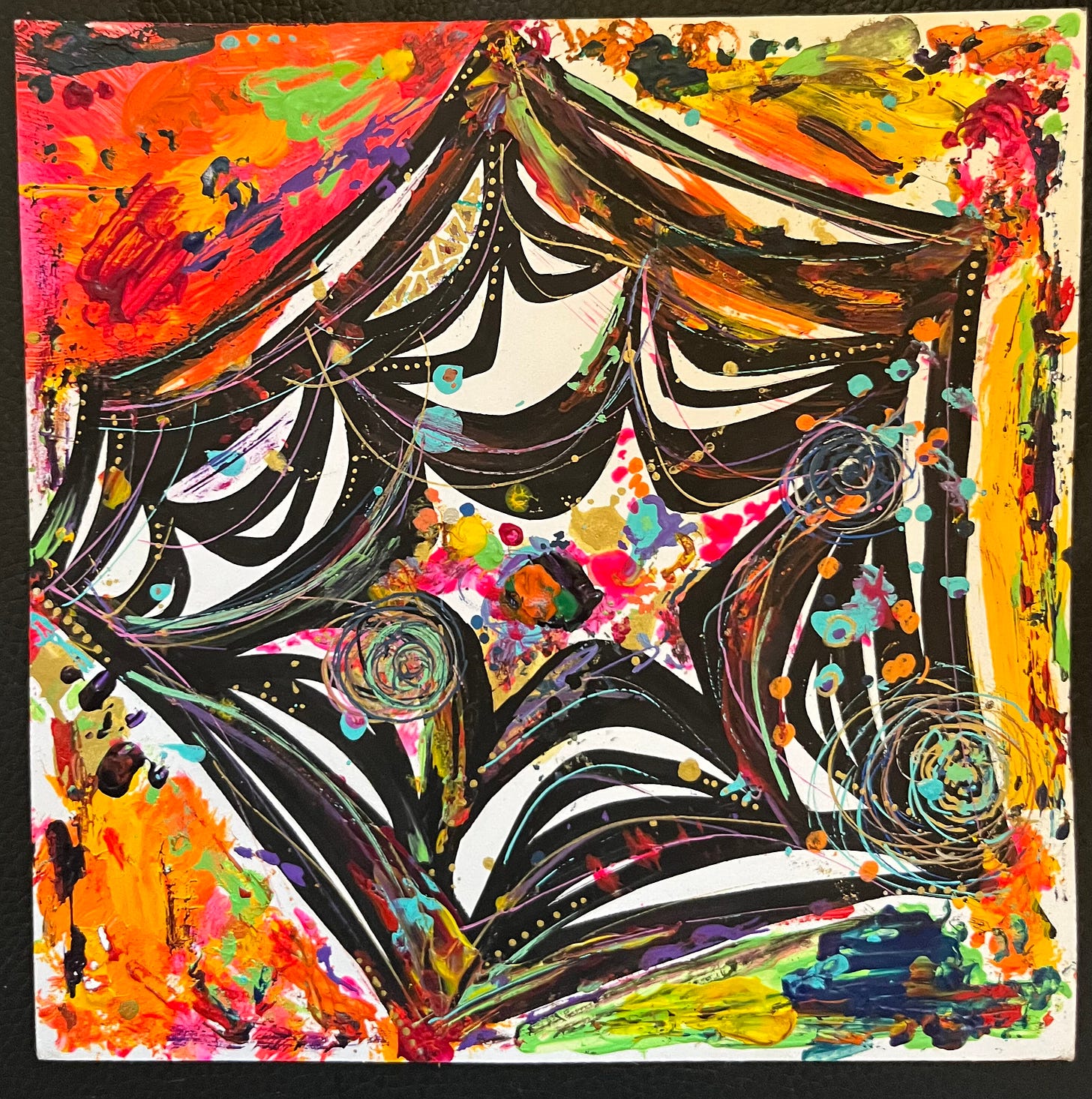Painting of a robust black web with bright colors throughout it