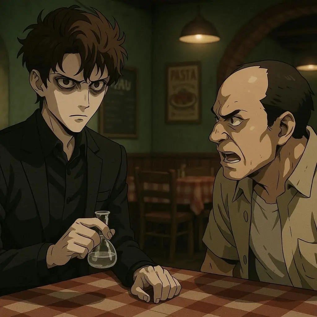a skinny young man with brown well styled hair who wears a fully black suit, no tie, black shirt and is sitting at a table and is getting chemicals and stares with a creepy insulted stare as a balding middle aged average build man stares somewhat angrily at the young man trying to say something. Anime art style. modern. anime. inside an Italian diner. eerie. horror. a skinny young man with brown well styled hair who wears a fully black suit, no tie, black shirt and is sitting at a table and is getting chemicals and stares with a creepy insulted stare as a balding middle aged average build man stares somewhat angrily at the young man trying to say something. Anime art style. modern. anime. inside an Italian diner. eerie. horror.