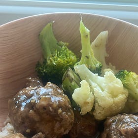 Meatballs in a hearty beef gravy and a side of roasted veggies