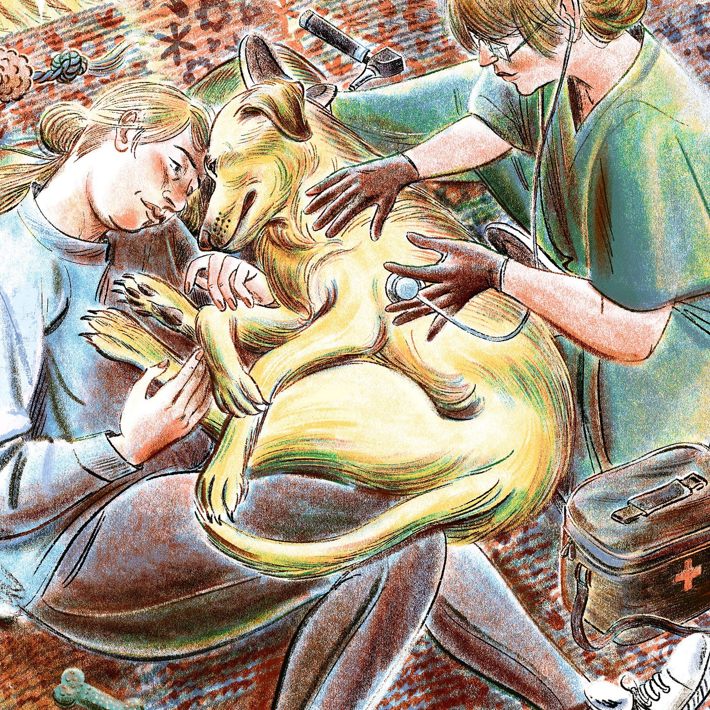 Illustration of a physician holding a stethoscope up to a dog who is curled up on the floor with a woman.