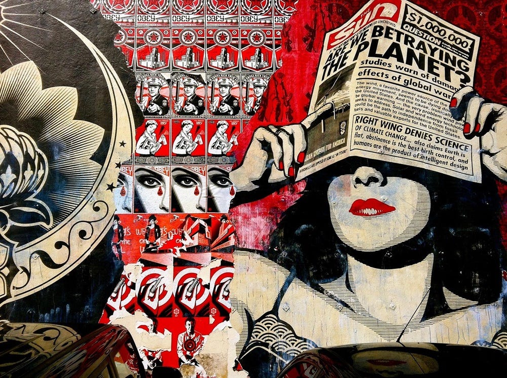grafitti montage depciting a series of propoganda pages and a woman holding a copy of The Sun before her face with headlines about climate change