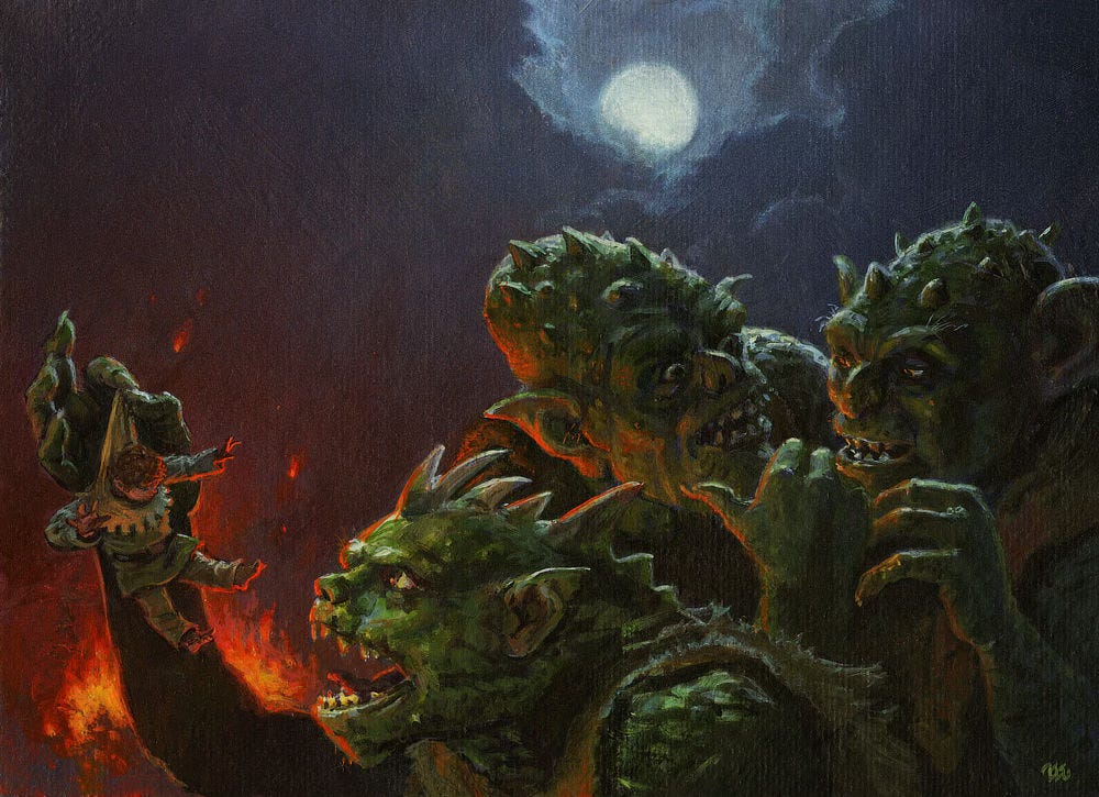 Pinched during an attempted burglary, Bilbo Baggins dangles between thumb and forefinger of the huge green troll who holds the hobbit up for examination. A campfire burns tall in the background casting an orange glow on two other trolls bickering over what to do with the aspiring thief. The full moon rises through a break in the gray blanket of clouds. Pinched during an attempted burglary, Bilbo Baggins dangles between thumb and forefinger of the huge green troll who holds the hobbit up for examination. A campfire burns tall in the background casting an orange glow on two other trolls bickering over what to do with the aspiring thief. The full moon rises through a break in the gray blanket of clouds.