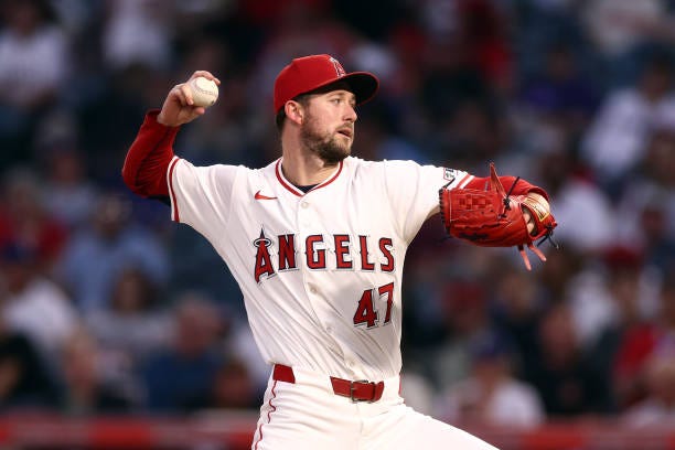 Griffin Canning of the Los Angeles Angels throws a pitch during the first inning against the Texas Rangers at Angel Stadium of Anaheim on September...