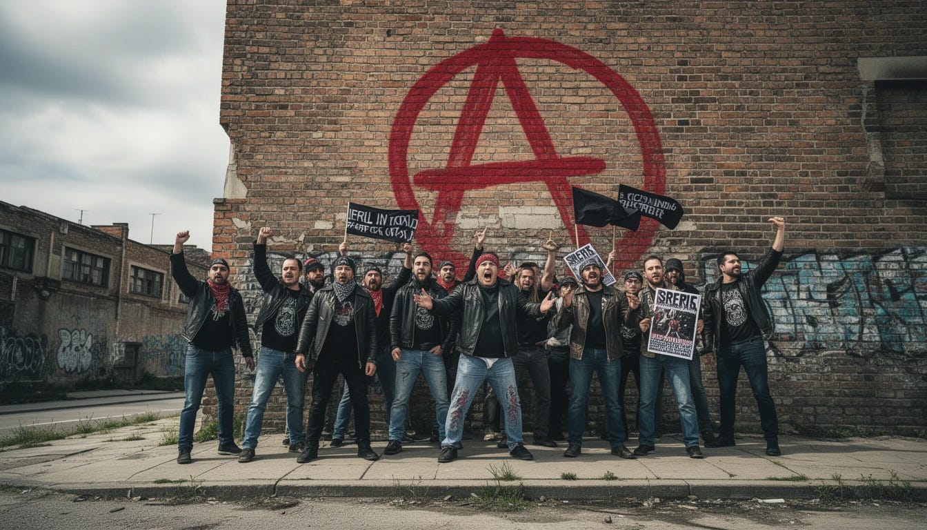 Group of anarchists rallying around anarchist symbol of red A in circle
