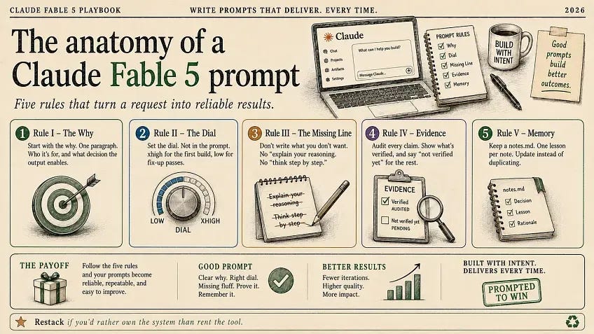 Infographic titled the anatomy of a Claude Fable 5 prompt, showing five rules that turn a request into reliable results: start with the why, set the effort dial in settings rather than the prompt, drop step-by-step reasoning instructions, audit every claim against evidence and mark items as verified or pending, and keep a notes file with one lesson per note so prompts improve instead of duplicating.