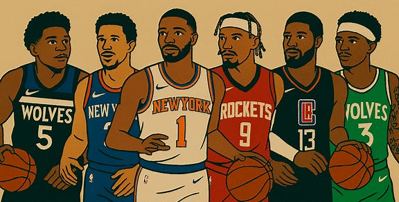 Create an image featuring Anthony Edwards, Josh Hart, Mikal Bridges in a New York Knicks uniform, Dillon Brooks in a Houston Rockets uniform, Paul George, and Jaden McDaniels. Use a bold, vintage-inspired style that highlights each player's unique flair and team identity.