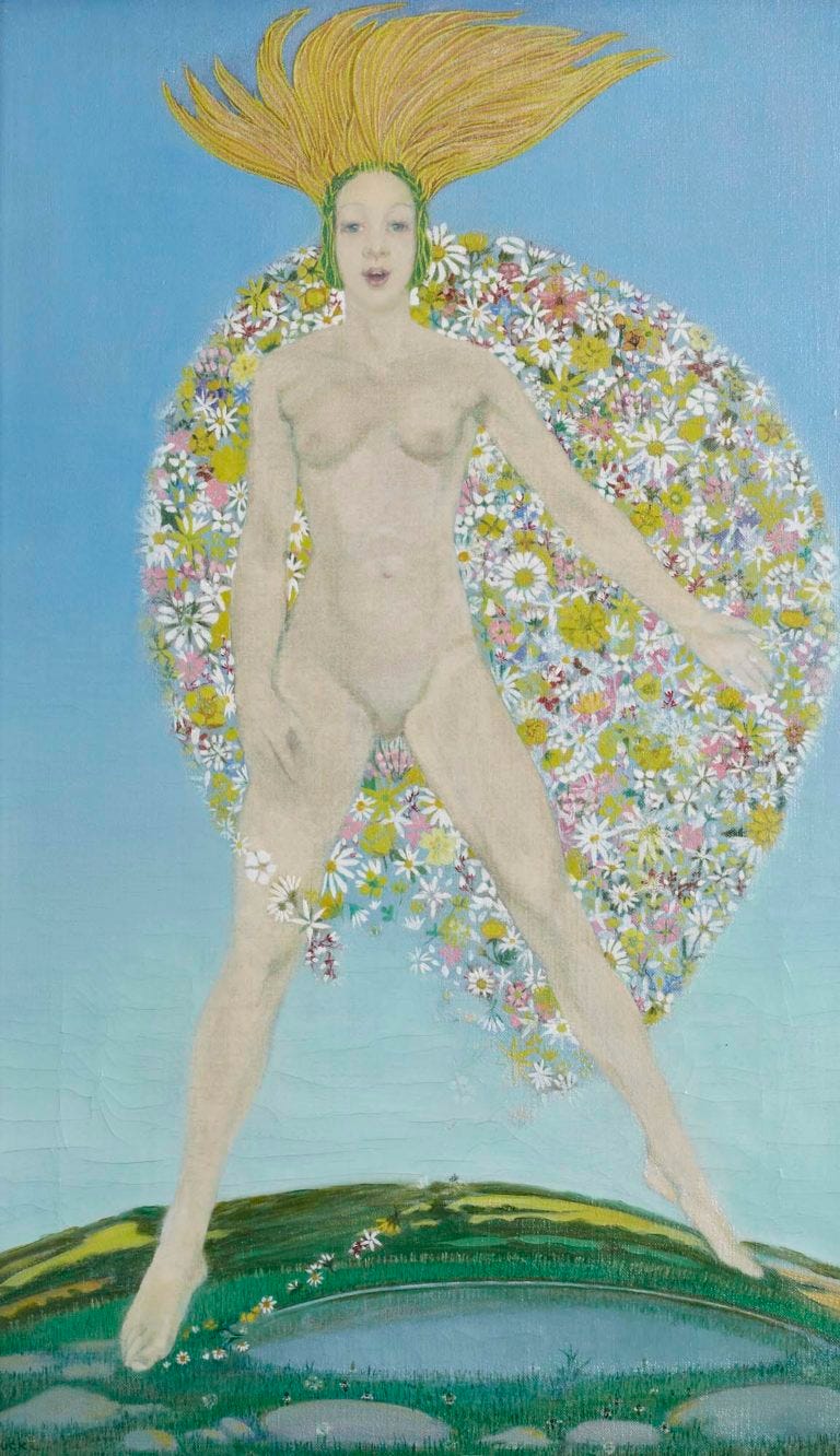 Painting of a nude white person with blonde hair standing straight up, stands on grass, surrounded by vibrant flowers. The background is a clear blue sky, conveying a sense of freedom and nature. The ground has some grey stones on it, and there is a floral circular shape behind the person, with one of their arms holding the side. There is green around the sides of their face. They are standing with their legs spread apart over a small pond. Painting of a nude white person with blonde hair standing straight up, stands on grass, surrounded by vibrant flowers. The background is a clear blue sky, conveying a sense of freedom and nature. The ground has some grey stones on it, and there is a floral circular shape behind the person, with one of their arms holding the side. There is green around the sides of their face. They are standing with their legs spread apart over a small pond.