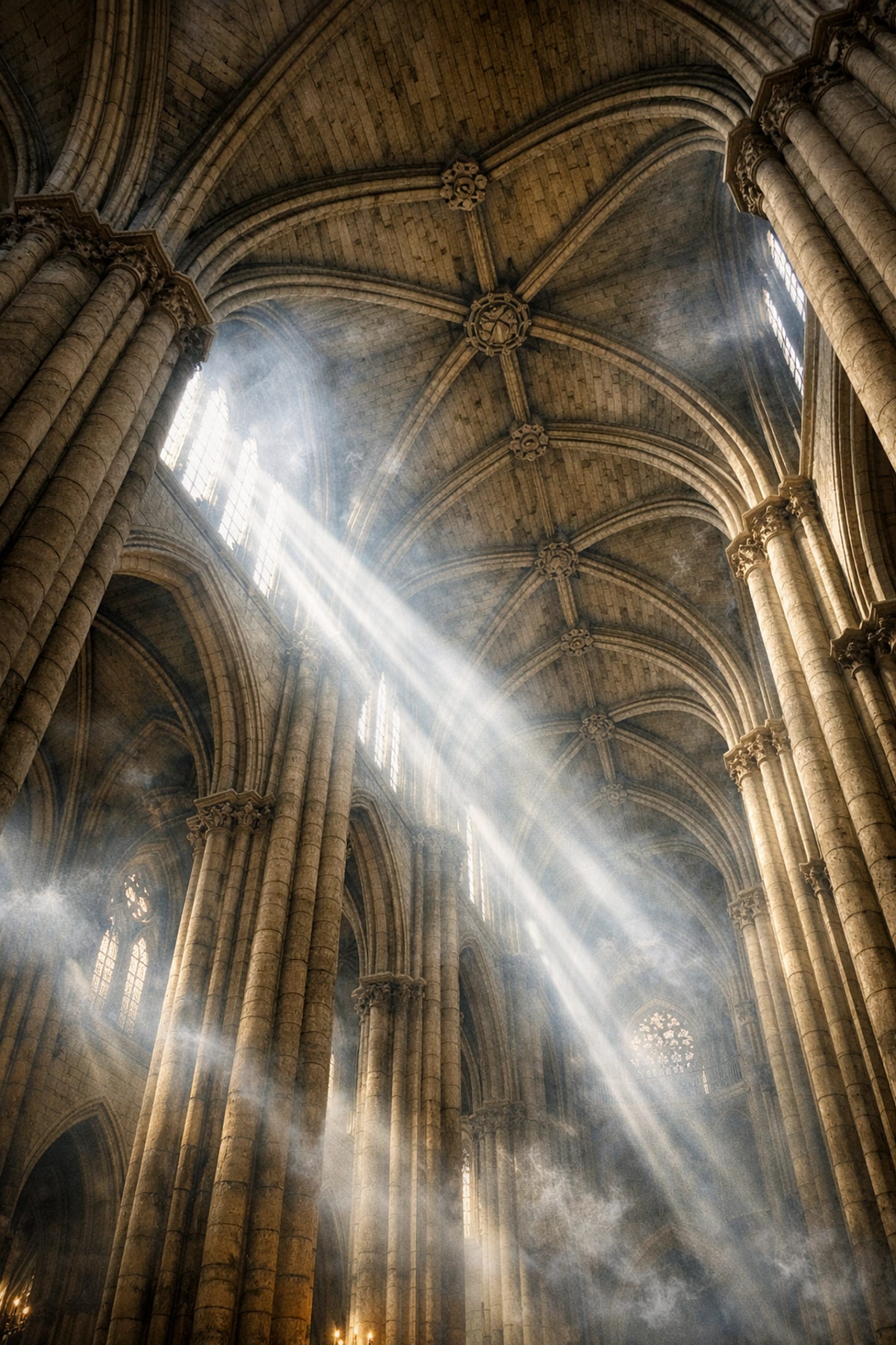 Sunlight rays piercing a Gothic cathedral ceiling, representing the enduring strength of the Catholic Church. Sunlight rays piercing a Gothic cathedral ceiling, representing the enduring strength of the Catholic Church.