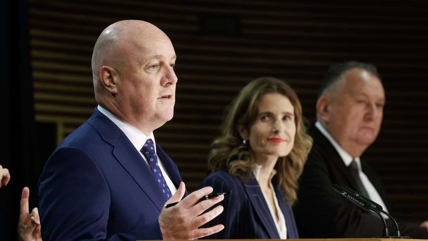 Prime Minister Christopher Luxon speaks at a press conference at Parliament, flanked by Finance Minister Nicola Willis and Associate Energy Minister Shane Jones. Photo / Mark Mitchell