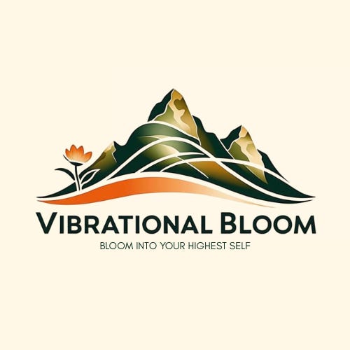Vibrational Bloom logo featuring a blooming orange flower beside green and gold mountains with flowing lines beneath. Text below reads “Vibrational Bloom” and the tagline “Bloom Into Your Highest Self.”