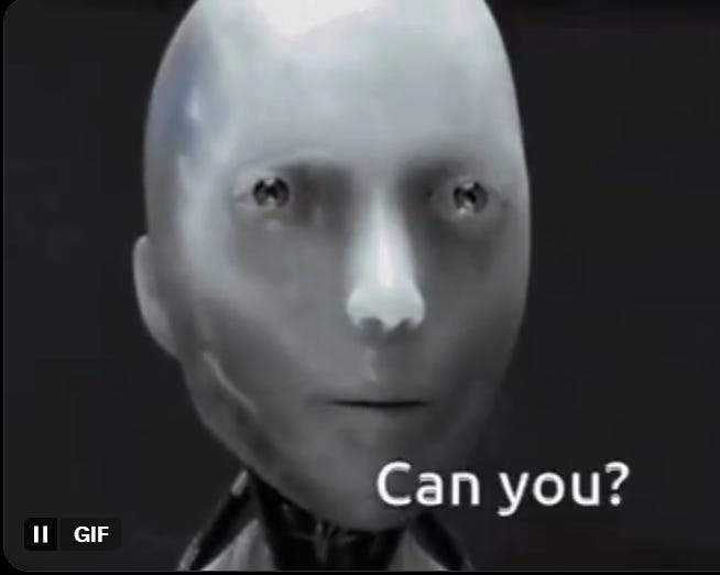 Monochromatic robotic face in black background with text