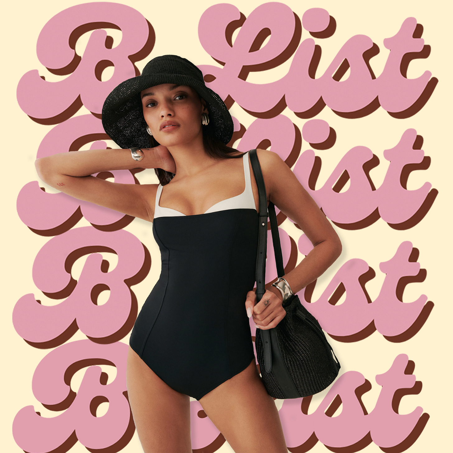 Image of Reformation black one-piece swimsuit.