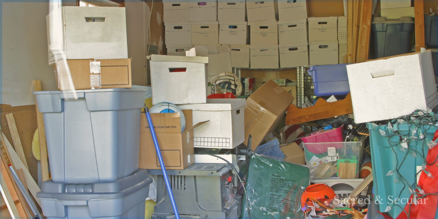 A cluttered garage filled with stacked storage boxes, plastic tubs, cardboard cartons and assorted household items gathered over many years, illustrating forgotten possessions waiting to be rediscovered. A cluttered garage filled with stacked storage boxes, plastic tubs, cardboard cartons and assorted household items gathered over many years, illustrating forgotten possessions waiting to be rediscovered.