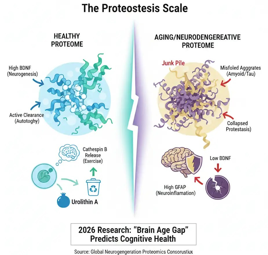 Infographic comparing healthy proteostasis versus neurodegenerative protein aggregation, highlighting key biomarkers like BDNF, GFAP, and Urolithin A impact.