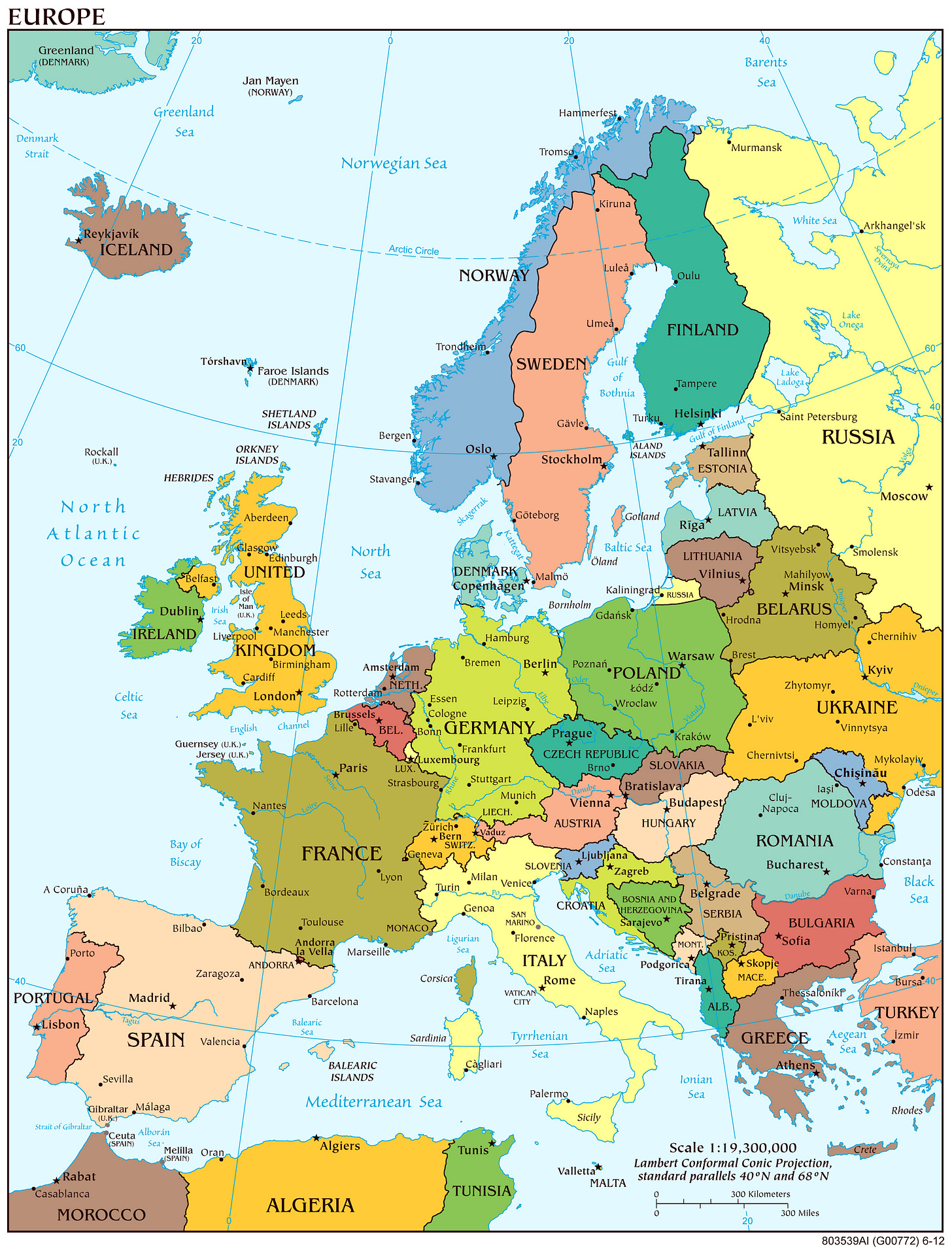 Large detailed political map of Europe with capitols and major cities ...
