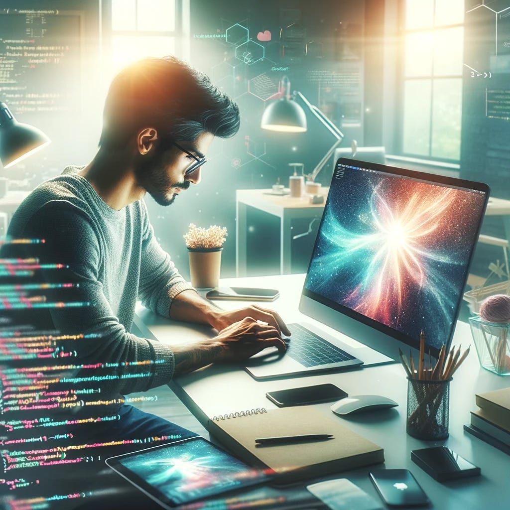 Image generated with DALl-E 3 and depicting a developer at work