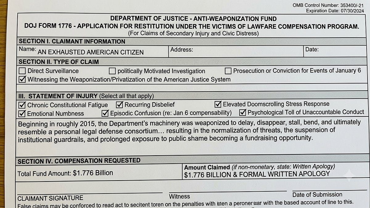 Request for Restitution: DOJ FORM 1776 — Anti-Weaponization Fund Claim