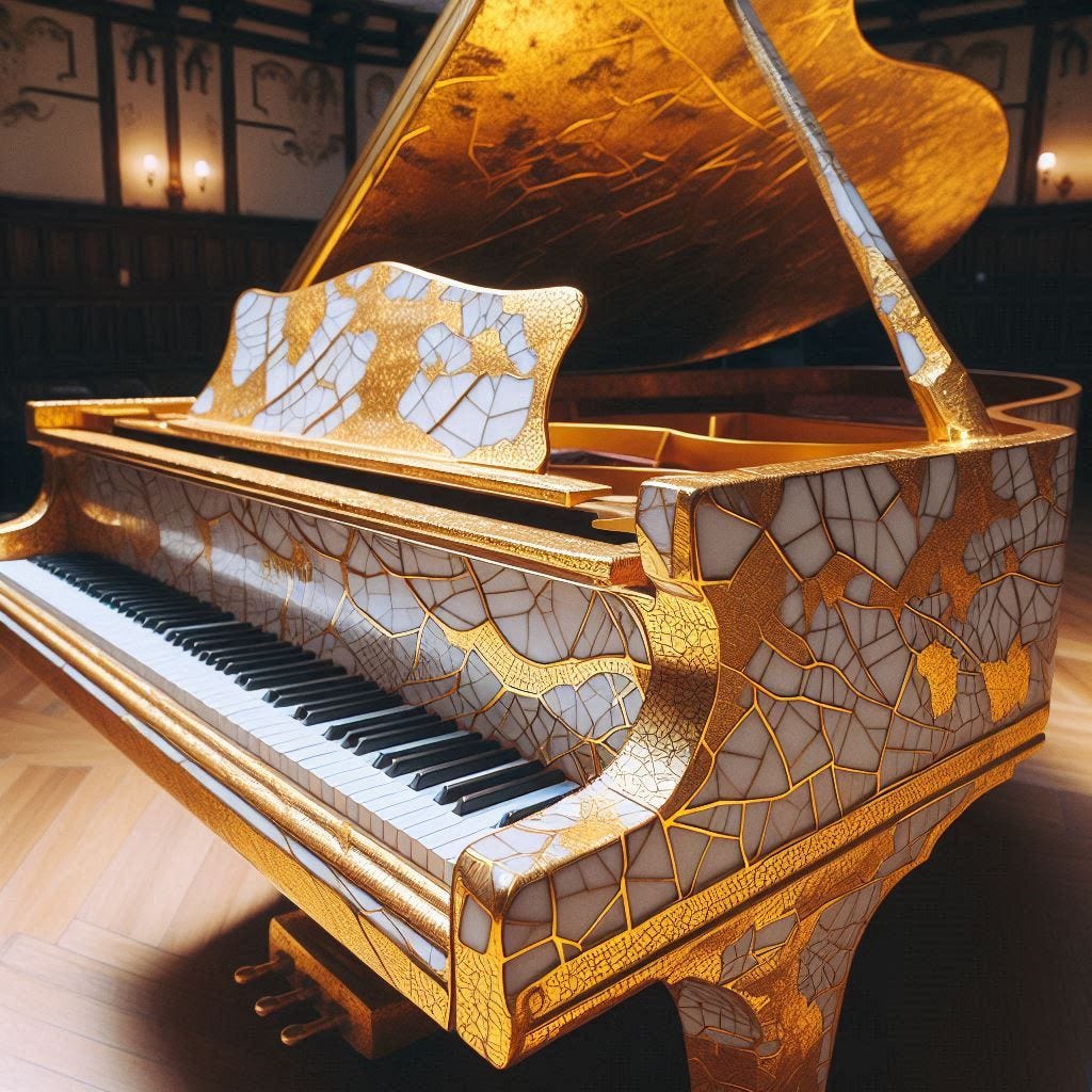 AI generated image of a kintsugi style grand piano
