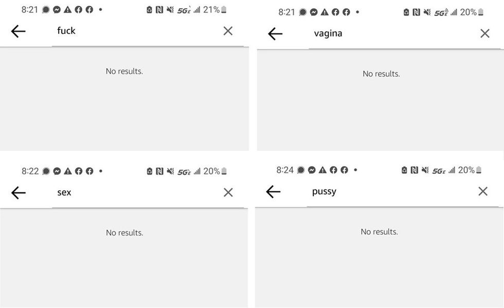 Screenshots of word searches from a phone, showing "no results" for the words  "fuck," "vagina," "sex," and "pussy"