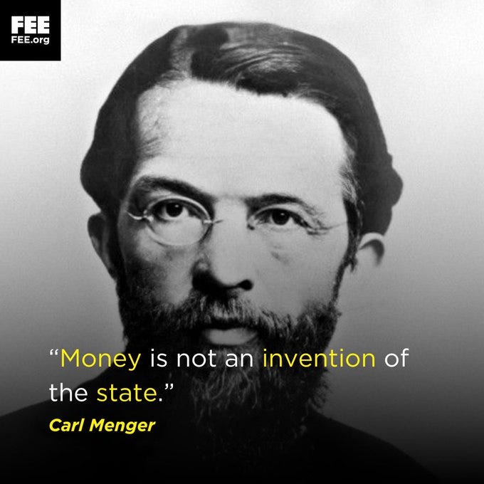 Μπορεί να είναι γραφικό 1 άτομο, χρήματα και κείμενο που λέει "FEE FEE.org "Money iS not an invention of of the state." Carl Menger"