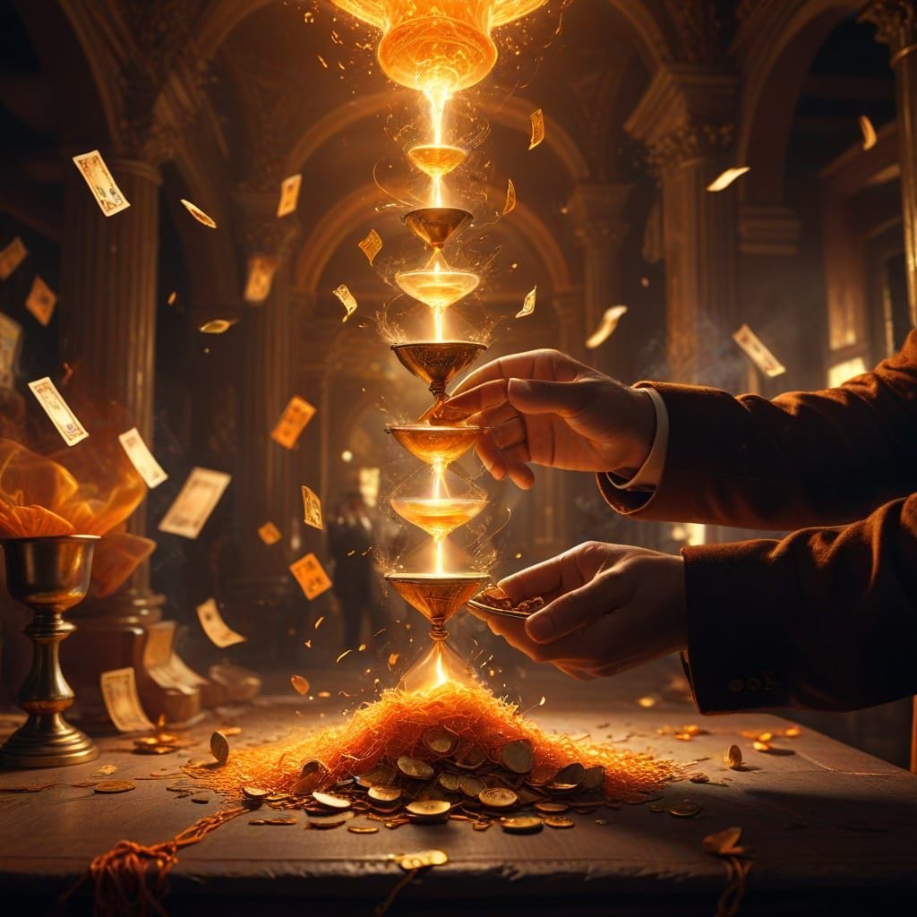An abstract depiction of "The Great Scam: The Time Thieves" — a shadowy figure siphoning golden hourglasses from people’...