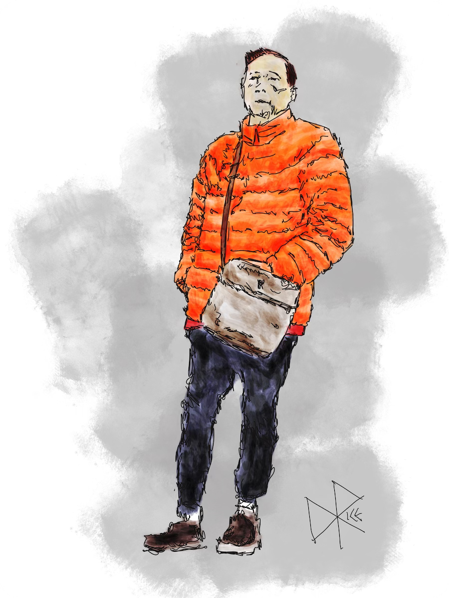 An elder, out walking in the mall, looking good in his fluorescent orange parka. Sketch art by Don Rice.