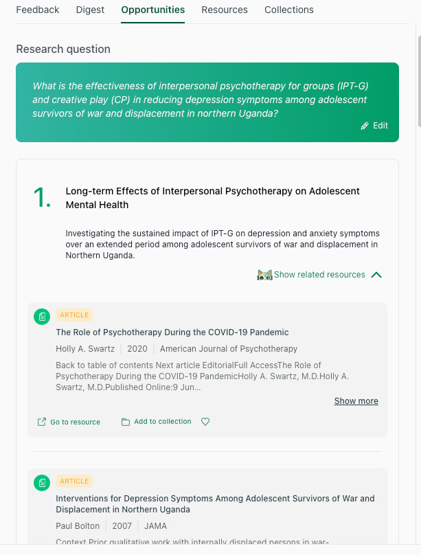thesify Opportunities view showing a research question comparing IPT-G and creative play for reducing depression symptoms.