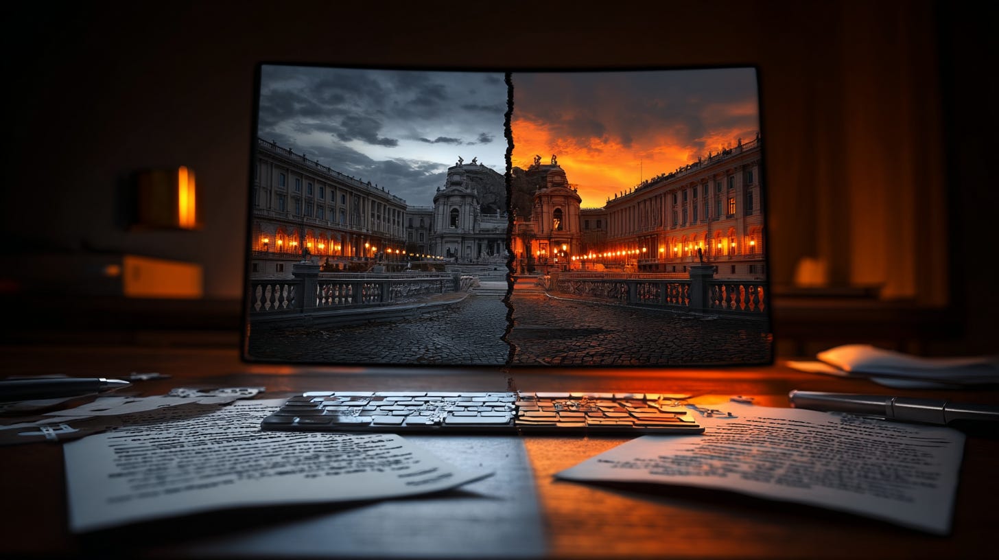 A Roman philosopher split down the center, one half weathered stone, the other half reflected in a glowing monitor screen, dramatic chiaroscuro lighting, A Roman philosopher split down the center, one half weathered stone, the other half reflected in a glowing monitor screen, dramatic chiaroscuro lighting,