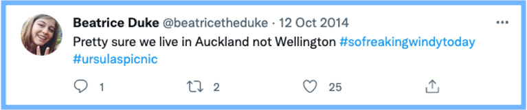 Bea Tweets: Pretty sure we live in Auckland not Wellington #sofreakingwindytoday #ursulaspicnic