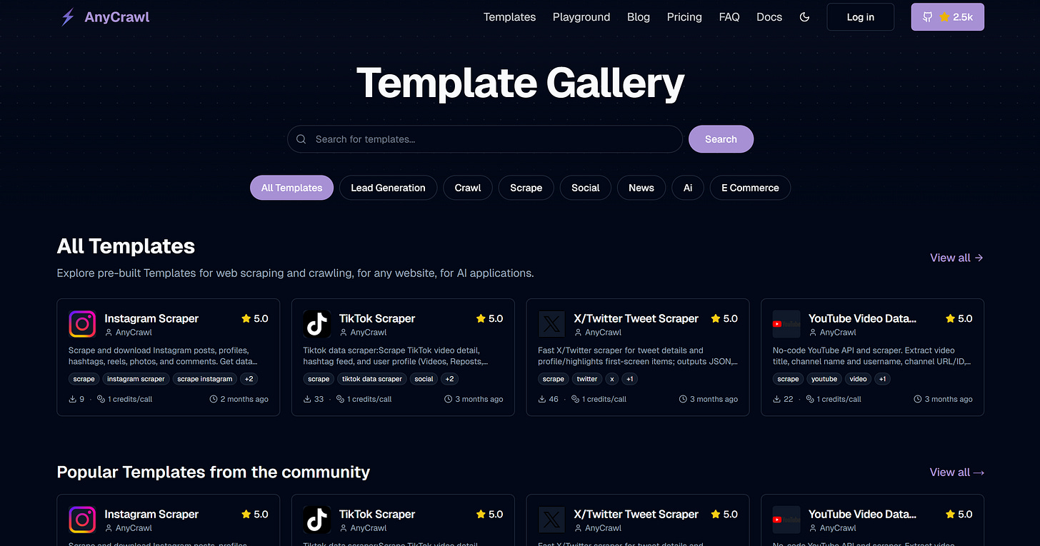 The templates currently available in AnyCrawl’s Template Gallery The templates currently available in AnyCrawl’s Template Gallery