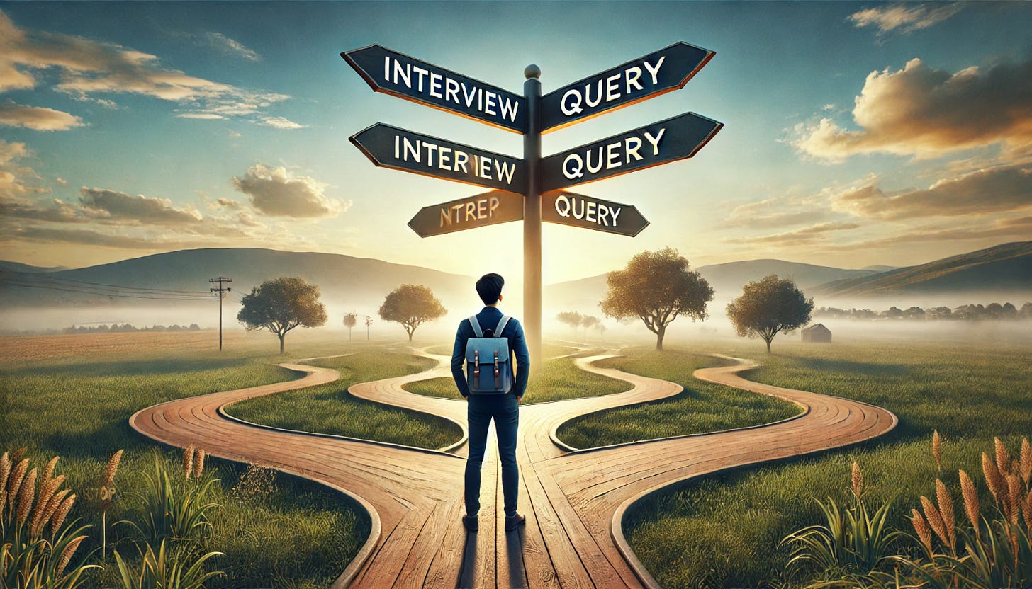 A very wide shot of an Asian man standing at the center of a crossroad with multiple paths diverging in all directions, symbolizing a variety of potential futures and choices. The setting is an expansive and scenic outdoor environment, featuring rolling hills, trees, and a bright, inspiring sky. The man is wearing casual business attire, holding a backpack, and looking thoughtfully at the paths. Each path varies in width and direction, adding complexity to the scene. Subtle branding with the Interview Query logo is integrated into a signpost or the scenery. The image conveys inspiration, reflection, and the possibilities of growth and decision-making.
