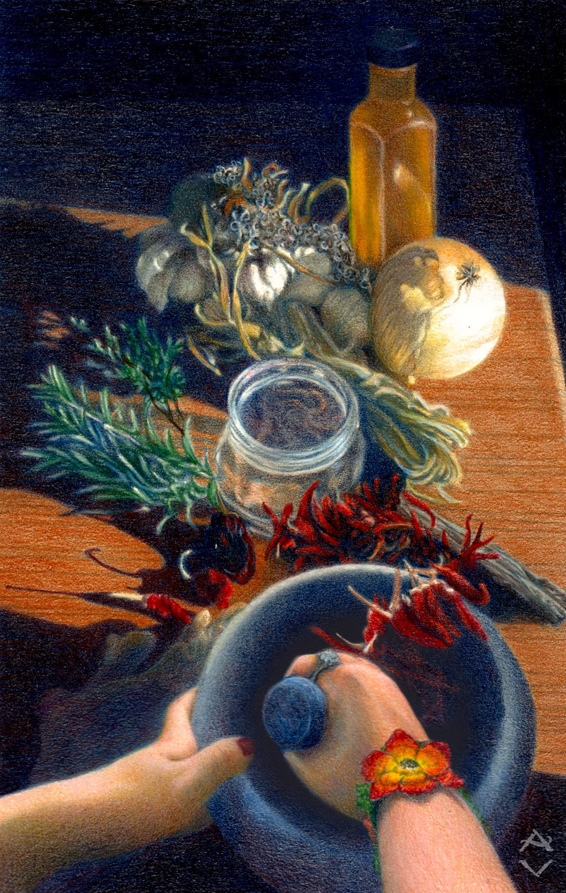 Making Fire Cider. Cayenne  / Adelita of Fire from the Herbcrafter’s Tarot. Art by JPC.