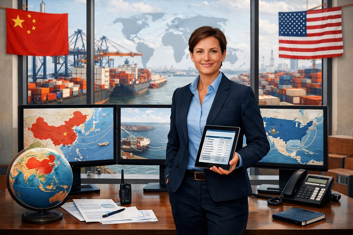 A shipping agent in an office with computer screens showing maps and shipping routes between China and the USA, with a busy port visible through the window. A shipping agent in an office with computer screens showing maps and shipping routes between China and the USA, with a busy port visible through the window.