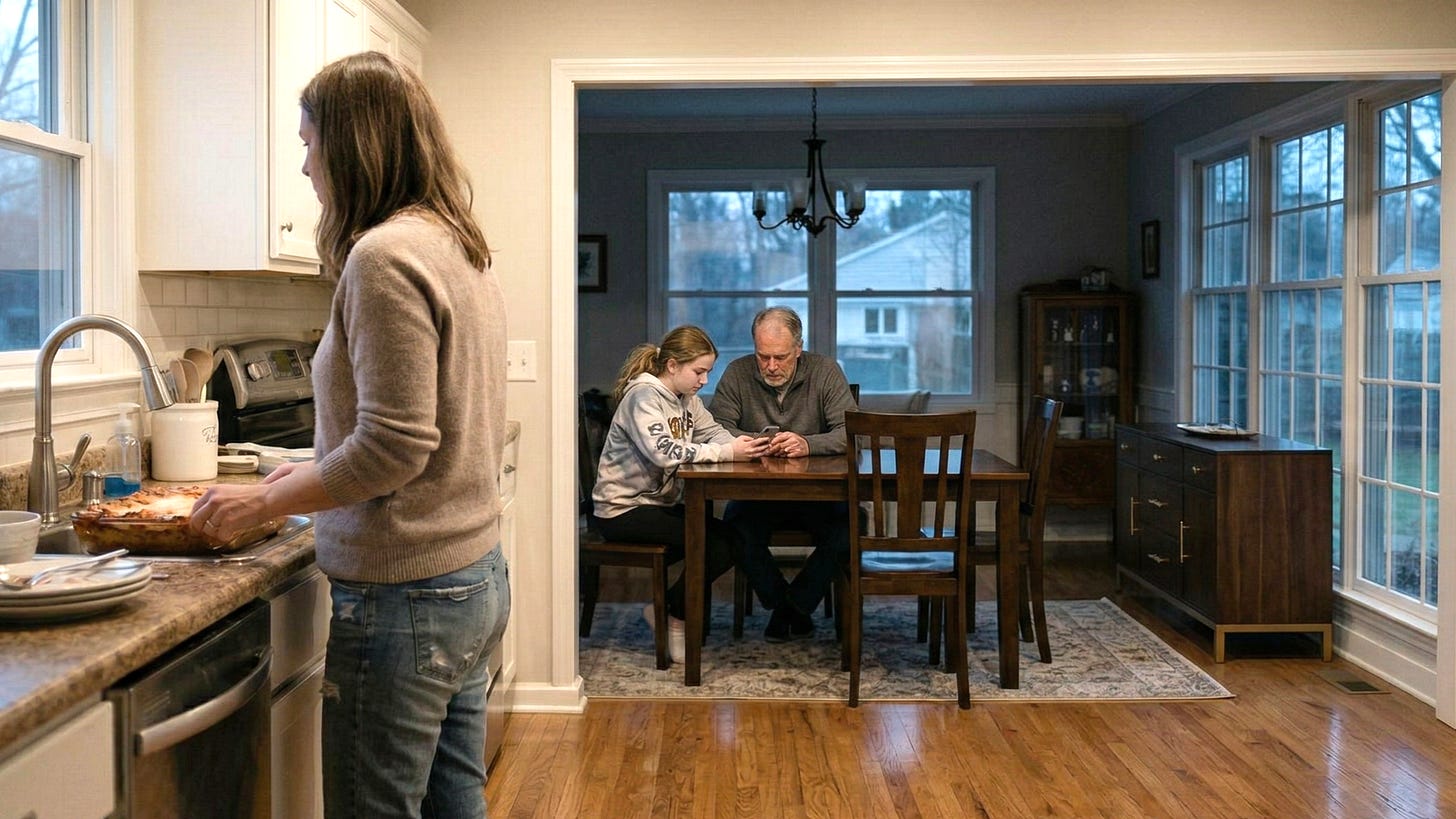 Stepmom stands alone at kitchen counter with lasagna and dishes, looking into dining room where her husband and his daughter sit at the table looking at a cell phone.