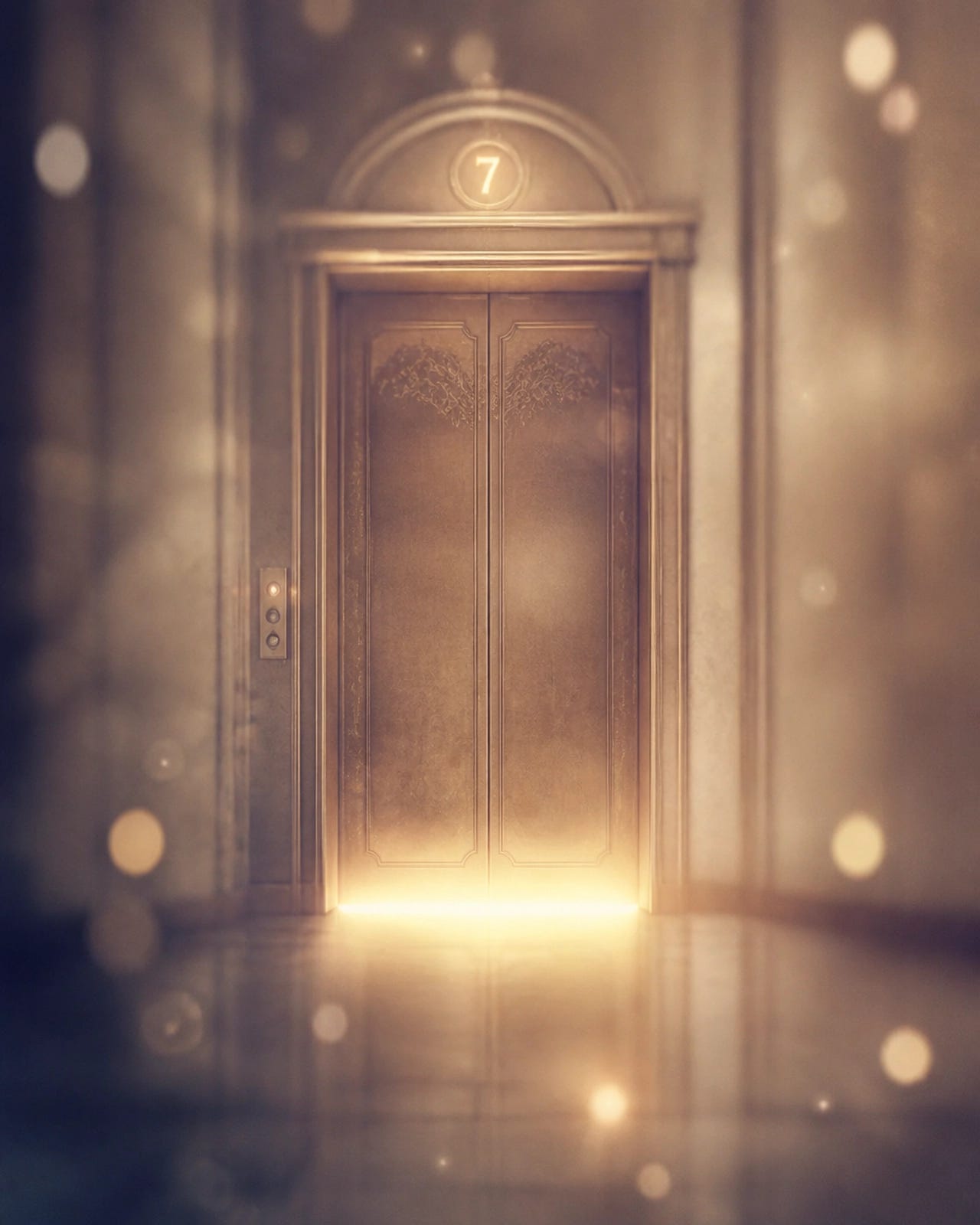 A misty, dreamlike elevator door glowing with warm light, representing the Elevator Game exercise. A misty, dreamlike elevator door glowing with warm light, representing the Elevator Game exercise.