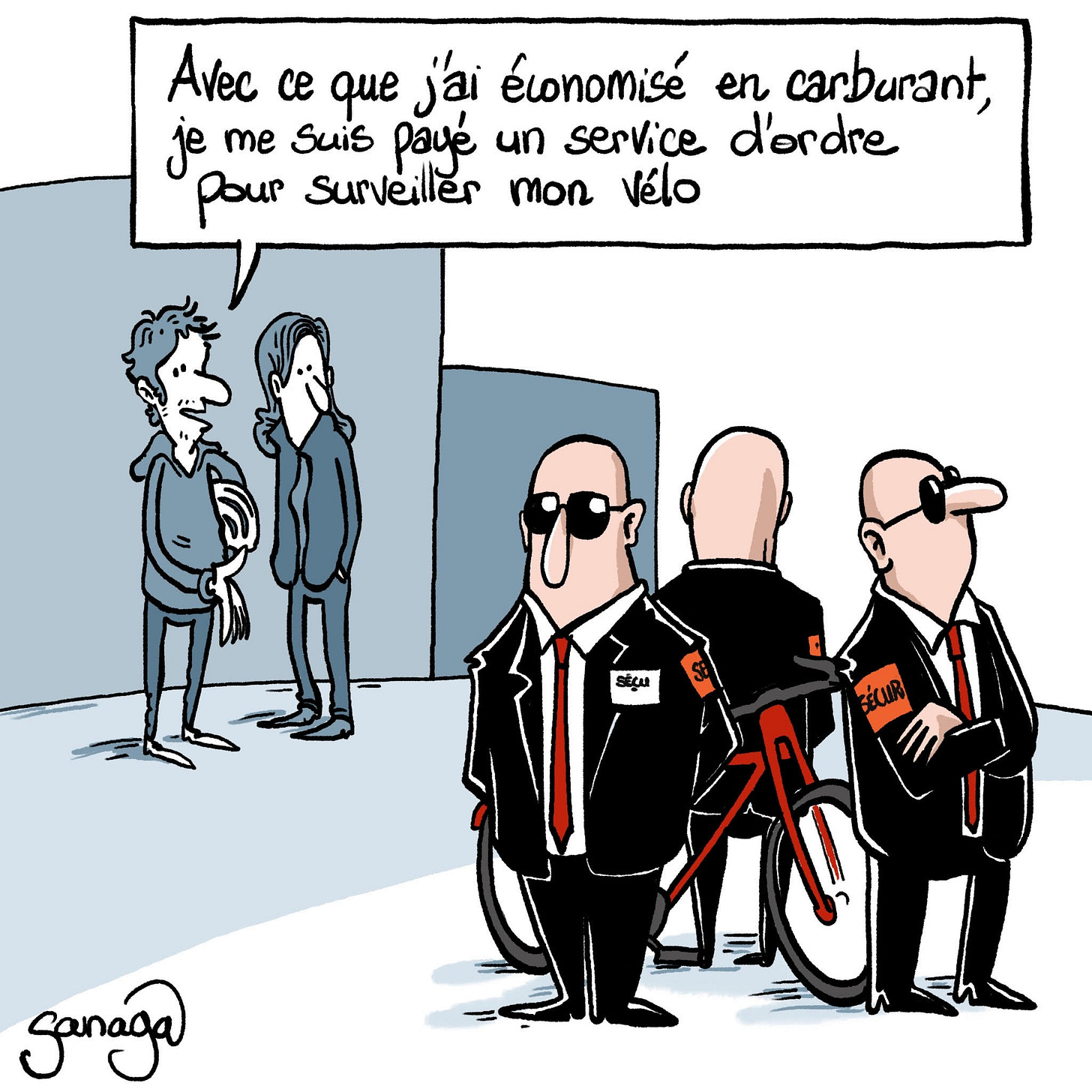 Deux cyclistes discutent. Devant eux il y a 3 gardes du corps autour d'un velo. Le cycliste dit a son collegue "Avec ce que j'ai economise en carburant, je me suis paye un service de securite pour surveiller mon velo.