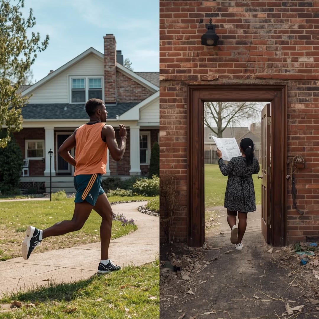 A person running toward and through a doorway of a brick house, captured mid-stride, symbolizing crossing into a structure that already exists and moving under pressure.