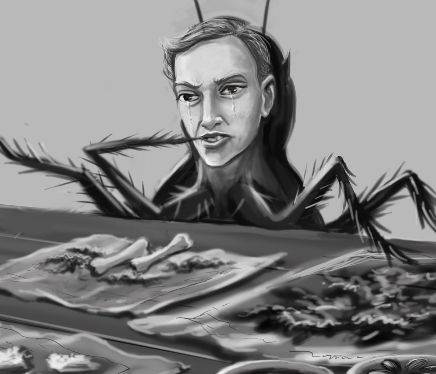 Gregor eats the food Grete leaves for him and cries.