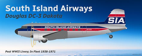 Gallery of Douglas DC-3 airliners operated by South Island Airways and Waikato Air during the years after World War II: (1, 2, 3) South Island Airways Douglas DC-3 in side view while in midflight, landing and parked; (4, 5, 6) Waikato Air Douglas DC-3 in side view while in midflight, landing and parked.