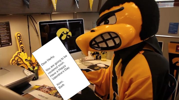 Herky the Hawk receiving news that he is going to be neutered.