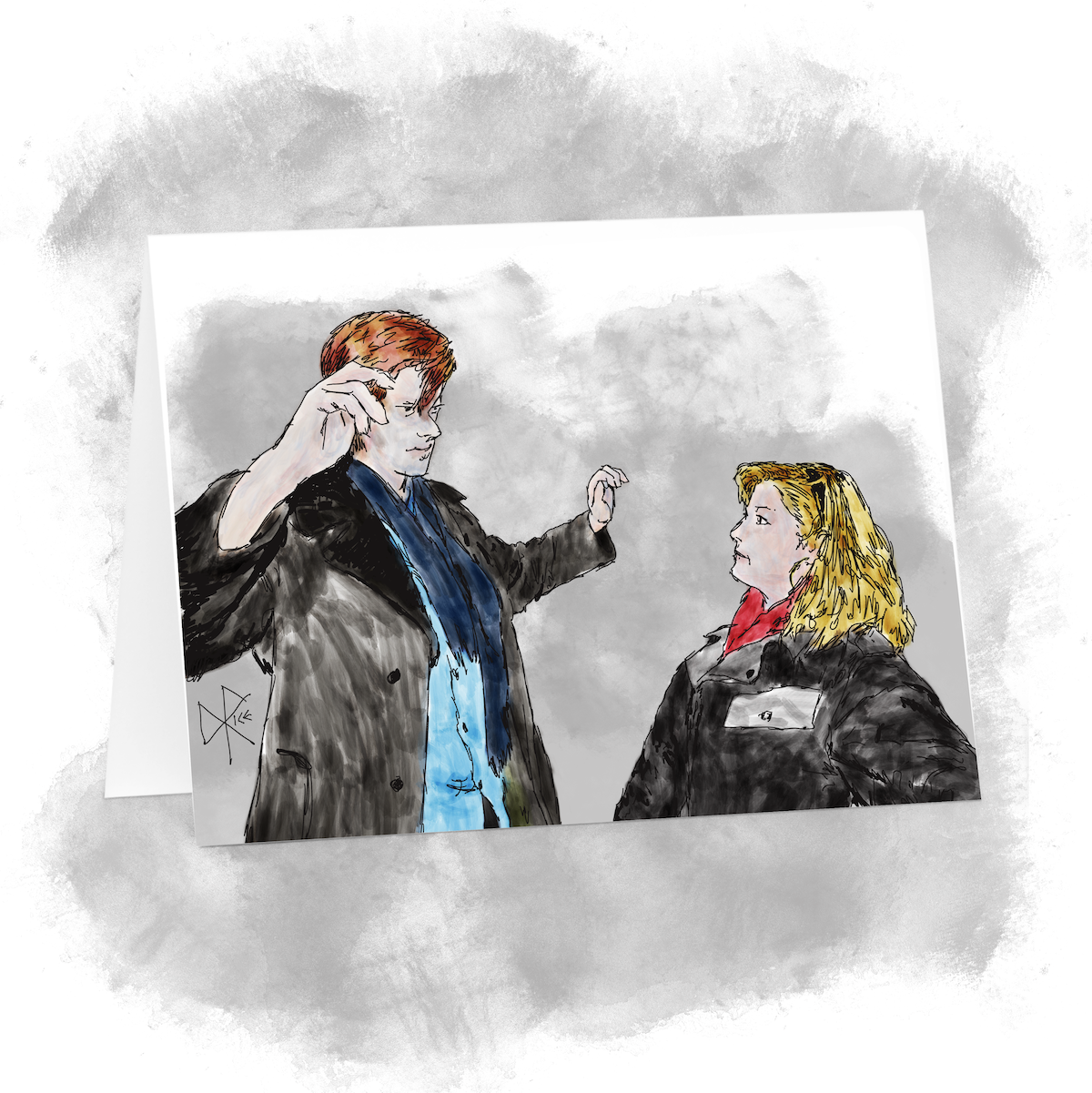 A man in a peacoat and scarf, arms raised for emphasis, telling a story to a blonde woman in a black leather jacket. Sketch art by Don Rice.