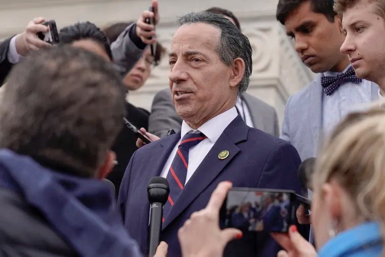 Rep. Jamie Raskin (D., Md.) talks with reporters after Rep. George Santos (R., N.Y.) was expelled from the U.S. House of Representatives on Dec. 1.