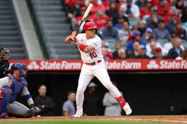Gio Urshela of the Los Angeles Angels bats during the game against the Chicago Cubs at Angel Stadium of Anaheim on June 6, 2023 in Anaheim,...